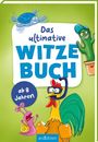 „Das ultimative Witzebuch ab 8 Jahren“, Illustration mit Kaktus, Huhn, Schnecke, Schildkröte auf grünem Hintergrund.