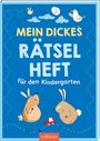 „Mein Dickes Rätsel Heft für den Kindergarten“. Zwei Häschen mit einem Spielzeugauto, eine Biene und eine Möwe.