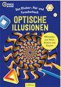 „Optische Illusionen“, Sticker-, Mal- und Forscherbuch. Spiralmuster, Stifte, geometrische Formen, Logo „Science & Kids“.