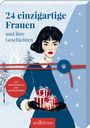 „24 einzigartige Frauen und ihre Geschichten.“ Illustration: Frau in Winterkleidung mit Geschenken, Schneehintergrund.
