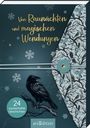 „Von Raunächten und magischen Wendungen.“ Illustration: Rabe auf Ast, Schneeflocken, Muster mit Zweigen und Vögeln.