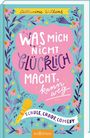 „Was mich nicht glücklich macht, kann weg. Schule, Chaos, Comedy.“ Bunte Illustration mit Blumen und Mikrofon.