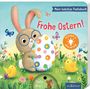 "Frohe Ostern!" und "Puste mal!" Ein Hase mit Brille hält ein buntes Ei. Blumen und Küken umgeben ihn.