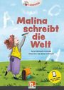 Text: "Malina schreibt die Welt", "Sarah Michaela Orlovský", "Mit QR-Codes für Audios". Ein Kind schreibt in die Luft.