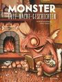 "MONSTER GUTE-NACHT-GESCHICHTEN", Andrea Schomburg, Johan Potma. Illustration: Ein Monster liest vor Kamin einem kleinen Monster vor.