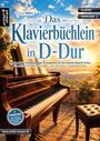 Buchtitel: "Das Klavierbüchlein in D-Dur". Ein Klavier auf einer Terrasse mit Aussicht bei Sonnenuntergang.