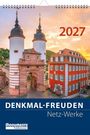 2027, DENKMAL-FREUDEN, Netz-Werke. Kalendertitel zeigt ein historisches Gebäude mit Turm und rotem Haus bei Sonnenuntergang.