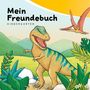 "Mein Freundebuch KINDERGARTEN" zeigt bunte Illustration mit Dinosaurier, Pflanzen und einem Flugsaurier.