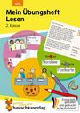 Titel: "Mein Übungsheft Lesen 2. Klasse". Illustrationen von Kindern und Kürbissen, mit Buntstiften und Bildern.