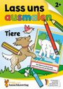 "Lass uns ausmalen", "Tiere", "Der Elefant hat heute Spaß...". Hund, Vogel, Elefant in Zeichnungen, Buntstifte, Logo unten links.