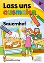 "Lass uns ausmalen: Bauernhof. Die Ferkel spielen schlammverschmiert, die Sau passt auf, dass nichts passiert. Illustration von Tieren, einem Traktor und einer Person."