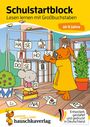 "Schulstartblock. Lesen lernen mit Großbuchstaben. Ab 6 Jahre." Illustration: Hund erklärt einer Maus Buchstaben.