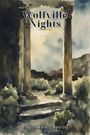 "**Wolfville Nights**" steht oben, "**Alfred Henry Lewis**" unten. Gemälde zeigt antike Säulen und Büsche bei bewölktem Himmel.