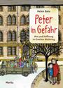 „Peter in Gefahr: Mut und Hoffnung im Zweiten Weltkrieg“. Illustration eines Gebäudes, Menschen stehen vor einem Lastwagen.