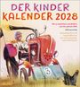 "Der Kinder Kalender 2028" mit Kind auf rotem Traktor, fröhlich fahrend, bunte Illustration, Huhn und Wiese im Vordergrund.