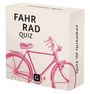FAHRRAD QUIZ, QUIZ IM QUADRAT. Rotes Fahrrad als Illustration auf einer Schachtel.