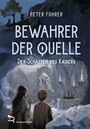 "PETER FÜHRER BEWAHRER DER QUELLE DER SCHATTEN DES KAISERS" Zwei Personen vor einer steinernen, thronenden Figur.
