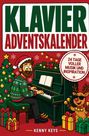 "KLAVIER ADVENTSKALENDER" und "24 TAGE VOLLER MUSIK UND INSPIRATION". Zeichnung: Mann am Klavier, Rentier mit Glocken.