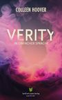 Text: Colleen Hoover, Verity, In einfacher Sprache, Spaß am Lesen Verlag. Lila-rosa Wolken im Hintergrund.