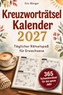 "Kreuzworträtsel Kalender 2027", "Täglicher Rätselspaß für Erwachsene", "365 Schwedenrätsel". Buch, Tasse, Pflanzen.
