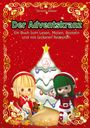 Text in der Mitte sagt: "Der Adventskranz" und darunter "Ein Buch zum Lesen, Malen, Basteln und mit leckeren Rezepten." Zwei fröhliche Elfen vor einem geschmückten Baum.
