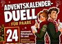 "ADVENTSKALENDER-DUELL FÜR PAARE", "24 spannende Rätselspiele für zwei". Illustration eines lächelnden Paares mit Rätseln.