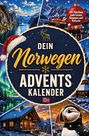 "Dein Norwegen Adventskalender" mit rot-weißem Santa-Hut, Bergen, Fjorden, Polarlichtern und einem Papageitaucher.