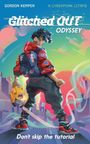 "Glitched Out Odyssey" und "Don't skip the tutorial". Illustration: Person in futuristischer Stadt mit Helm.