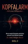 Das Bild zeigt den Text: „KOPFALARM - Kill your OffSpeaker -“. Unten ist der Name „Dr. med. Holger Baust“. Hintergrund: dunkler Kopf mit rotem Signal.