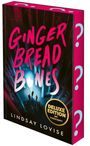 Auf einem Buchcover steht oben "GINGERBREAD BONES" in pink. Unten steht "LINDSAY LOVISE". Im Wald beleuchtet eine Taschenlampe Figuren.
