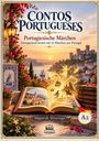 „Contos Portugueses: Portugiesische Märchen“ steht oben. Offenes Buch mit leuchtenden Märchenelementen, Burg, Segelschiff.