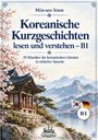 Text: "Min-seo Yoon, Koreanische Kurzgeschichten lesen und verstehen – B1, 20 Klassiker der koreanischen Literatur." Illustration mit traditionellem koreanischem Pavillon, blühenden Kirschbäumen und Bergen.