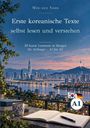 Buchtitel: "Erste koreanische Texte selbst lesen und verstehen". Stadtpanorama mit Fluss, Büchern und einer Teetasse im Vordergrund.