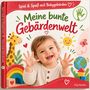 Text: „Meine bunte Gebärdenwelt“. Ein lachendes Kind zeigt mit den Händen. Illustrationen von Giraffe, Sonne und Erde.