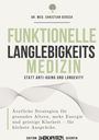 „Funktionelle Langlebigkeitsmedizin – Statt Anti-Aging und Longevity.“ Grüner Text, Baum-Logo oben, dynamische Linien unten.
