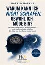 "Warum kann ich nicht schlafen, obwohl ich müde bin?" Silhouette mit Spiralgedanken, Hintergrund aus Sternen und Mond.