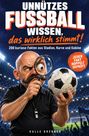 "Unnützes Fußballwissen, das wirklich stimmt! 200 kuriose Fakten aus Stadion, Kurve und Kabine. Jeder Fakt doppelt geprüft." Ein Mann mit Lupe und Fußball im Stadion.