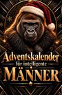 Text: "Adventskalender für intelligente Männer". Ein Gorilla mit Weihnachtsmütze in festlichem Design, Schneeflocken.