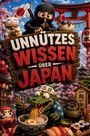„UNNÜTZES WISSEN ÜBER JAPAN“ steht auf einem hölzernen Schild. Ein Ninja und ein Krokodil essen Ramen, umgeben von japanischen Symbolen.