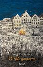 „Ernst Erich Noth, Straße gesperrt, Roman“. Illustration einer Menschenmenge auf einem Platz, im Hintergrund brennendes Feuer.