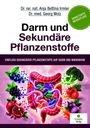 Titel: "Darm und Sekundäre Pflanzenstoffe". Illustration von Darm, Beeren, Brokkoli, Tomate, Zwiebel umgeben von farbigen Verbindungen.