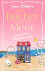 "Das Bücherhotel am Meer: Wo Worte zu Versprechen werden." Illustration mit Hotel, Meer, Blumen und Schmetterling.