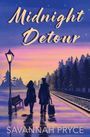 "Midnight Detour" und "Savannah Pryce" in geschwungener Schrift. Eine Illustration mit zwei Personen auf einem Bahnsteig bei Abenddämmerung.