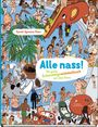 „Alle nass! Das große Schwimmgewimmelbuch mit ohne Mama.“ Viele Menschen, ein roter Elefant und ein Rhinozeros im Wasser.