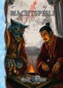 „Machtspiele“ steht oben, „Splittermond“ unten. Zwei Figuren in roten Gewändern spielen ein Brettspiel; eine hat ein Wolfsantlitz.