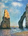 Eine impressionistische Darstellung von Küstenfelsen am Meer unter blauem Himmel mit Segelbooten im Hintergrund.