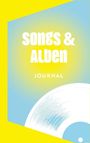 Text „Songs & Alben Journal“. Blau-gelbe Illustration mit Schallplattenmotiv.