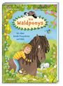 „Die Waldponys - Bis über beide Ponyohren verliebt“. Ein Kind umarmt ein braunes Pony. Verspielte, bunte Illustration.