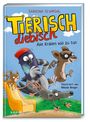 Titel: "Tierisch diebisch". Darunter "Alle Krallen voll zu tun". Illustration: Tiere auf einer Rutsche in Aktion.