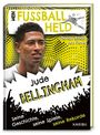 „Mein Fußballheld“ in Gelb, „Jude Bellingham“ in großer Schrift. Jubelnde Menge, Fußballillustration.